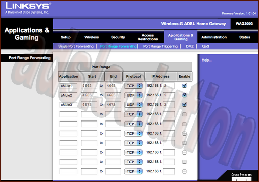 Linksys WAG200G Aprire le porte per emule